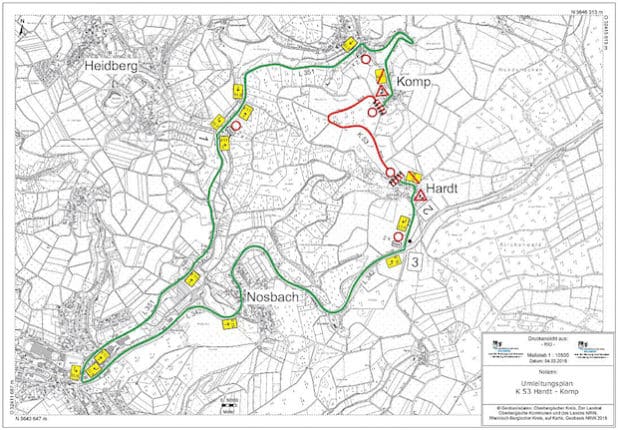Lageplan der K 53 zwischen den Ortschaften Hardt und Komp mit Umleitungsstrecken (Foto: OBK)