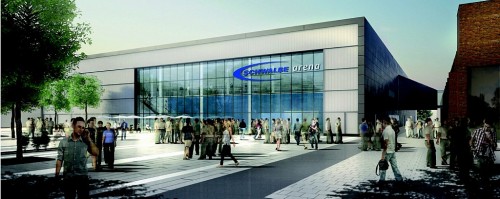 Schwalbe-Arena Gummersbach in der geplanten Außenansicht. Schwalbe-Arena Gummersbach in der geplanten Außenansicht.