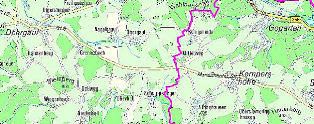 Kartenausschnitt der K 18 zwischen Kempershöhe und Nagelsgaul (Quelle: RIO Oberbergischer Kreis)