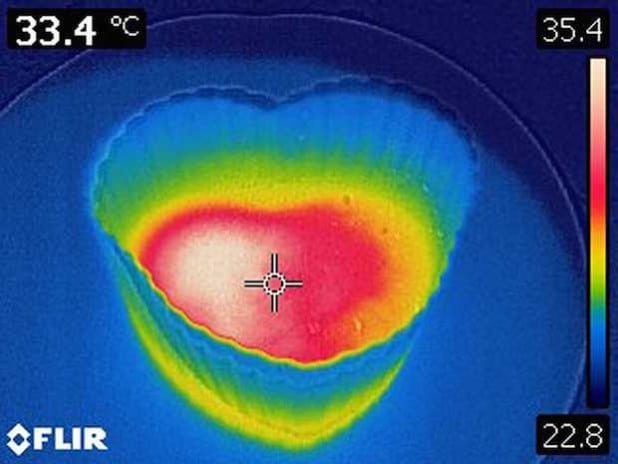 Die Wärmebildkamera zeigt die Temperaturerhöhung bei der Schaumbildung. (Foto: Institut WAM, TH Köln)