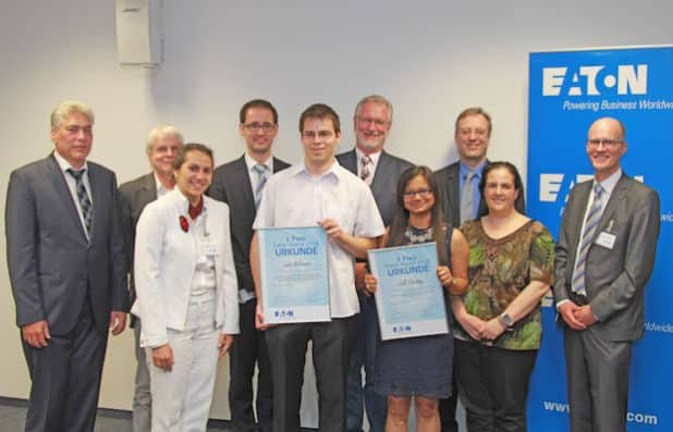 Prof. Dr. Andreas Kampmann (Betreuer), Prof. Dr. Alfred Kurtz (Betreuer), Jesiele N. Lima (Werksleiterin Eaton), Manuel Tschauner (Personaldirektor Eaton), Jan Lehmann, Prof. Dr. Hans Ludwig Stahl (Stellv. Dekan), Juhi Pandey, Prof. Dr. Rainer Scheuring (Koordinator Eaton-Preis), Prof. Dr. Elena Algorri (Betreuerin), Georg Reidt ( Leiter Innovation Eaton) (Quelle: Technische Hochschule Köln-Campus Gummersbach)