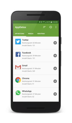 Hier zeigt AppDetox wieviel Zeit der User mit welcher App verbringt. (Quelle: Technische Hochschule Köln Campus Gummersbach)