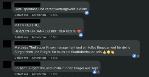 Eine positive Resonanz ist in den Kommentaren auf der Facebook-Seite des Bürgermeisters klar erkennbar.