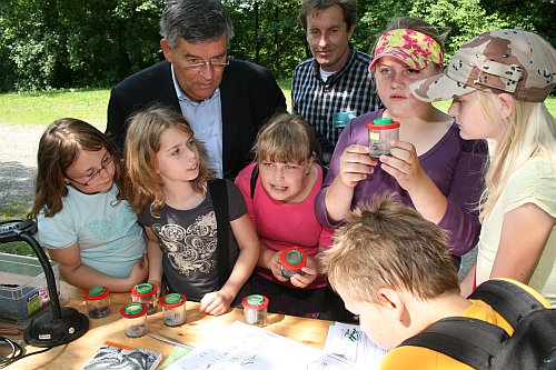 Schülerinnen und Schüler der Gemeinschaftsgrundschule Dieringhausen nahmen an den ersten "Bunte-Umwelt-Erlebnisspielen" teil und begutachteten mit Landrat Hagen Jobi Tiere im Boden und im Kompost. (Foto: OBK)